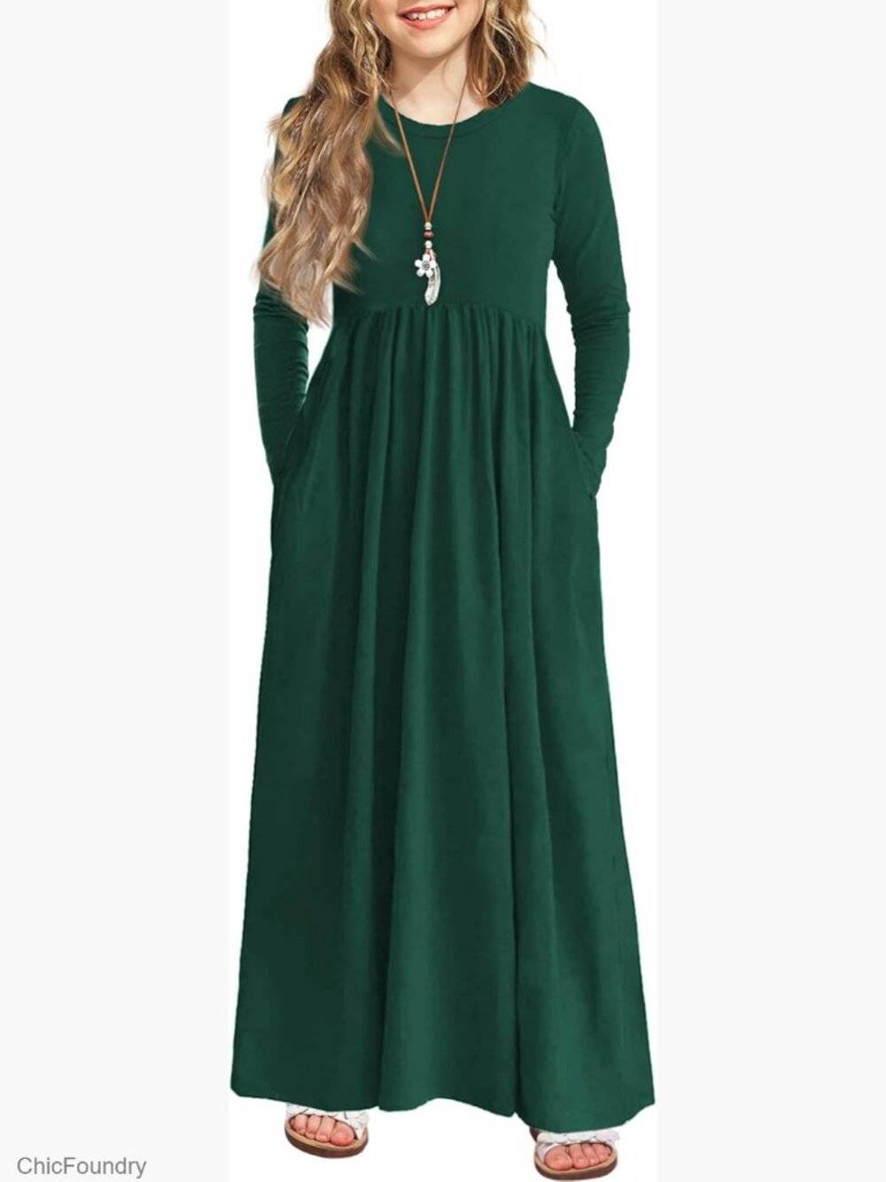 Girls Casual Maxi Dress with Pockets Long Sleeve A-Line - Picture 1 of 7